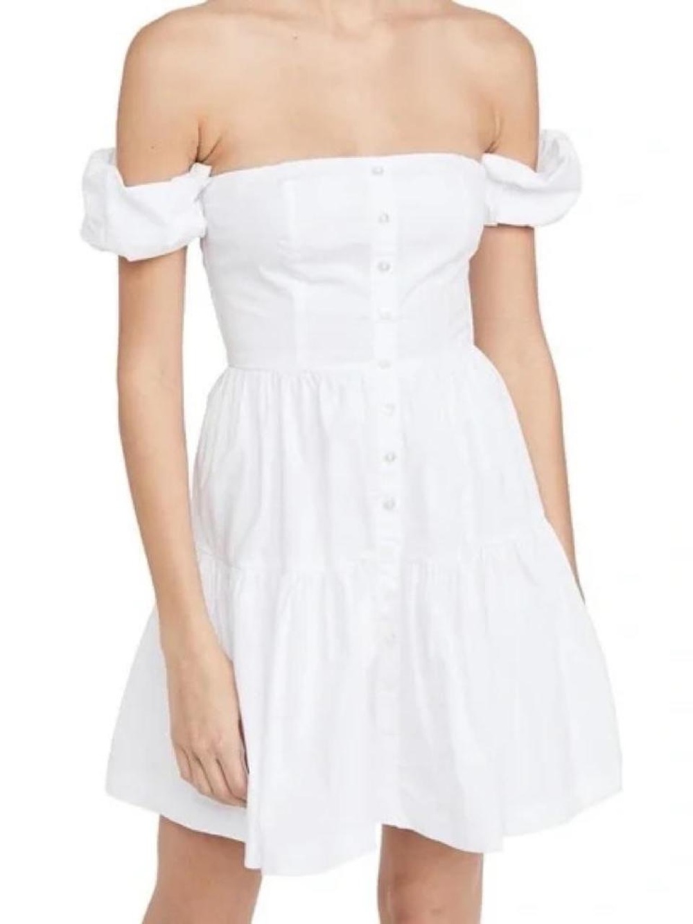 STAUD White Off-Shoulder Tiered Mini Dress
